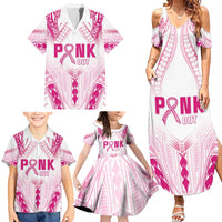 Breast Cancer Pink Out Family Matching Summer Maxi Dress and Hawaiian Shirt Polynesian Art Tattoo White Version
