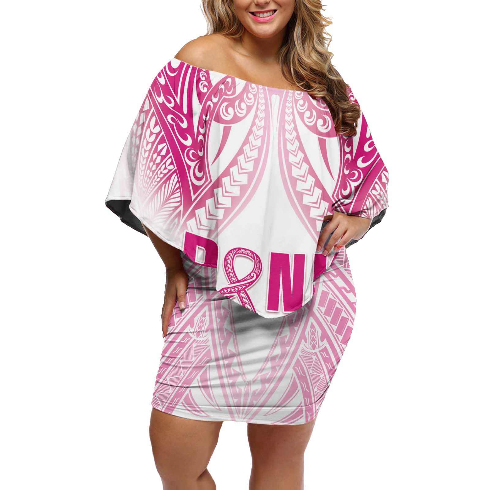 Breast Cancer Pink Out Off Shoulder Short Dress Polynesian Art Tattoo White Version