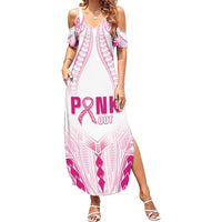 Breast Cancer Pink Out Summer Maxi Dress Polynesian Art Tattoo White Version