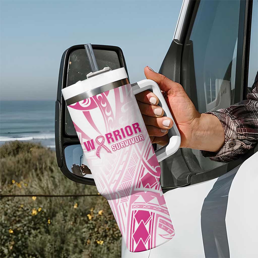 Breast Cancer Pink Out Tumbler With Handle Polynesian Art Tattoo White Version