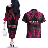 Breast Cancer Pink Out Couples Matching Off The Shoulder Long Sleeve Dress and Hawaiian Shirt Polynesian Art Tattoo Black Version
