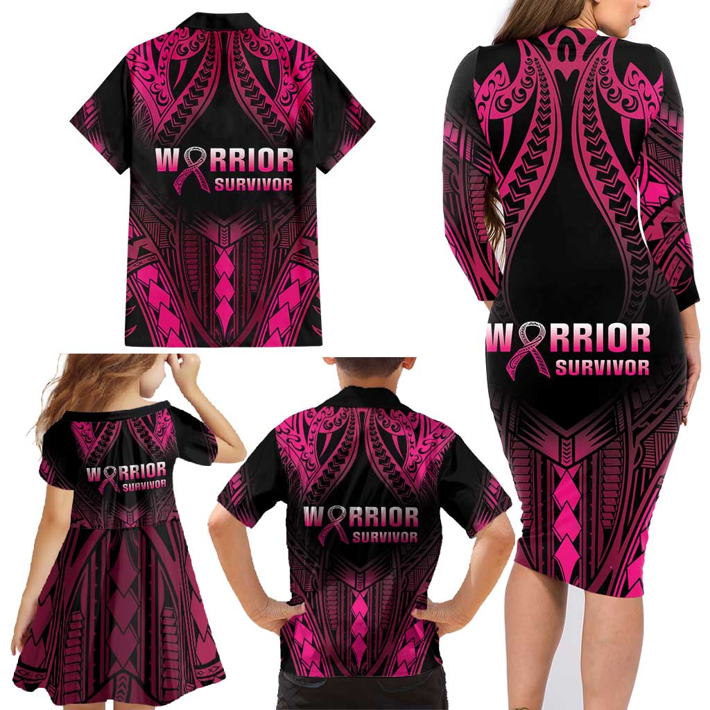 Breast Cancer Pink Out Family Matching Long Sleeve Bodycon Dress and Hawaiian Shirt Polynesian Art Tattoo Black Version LT05 - Polynesian Pride