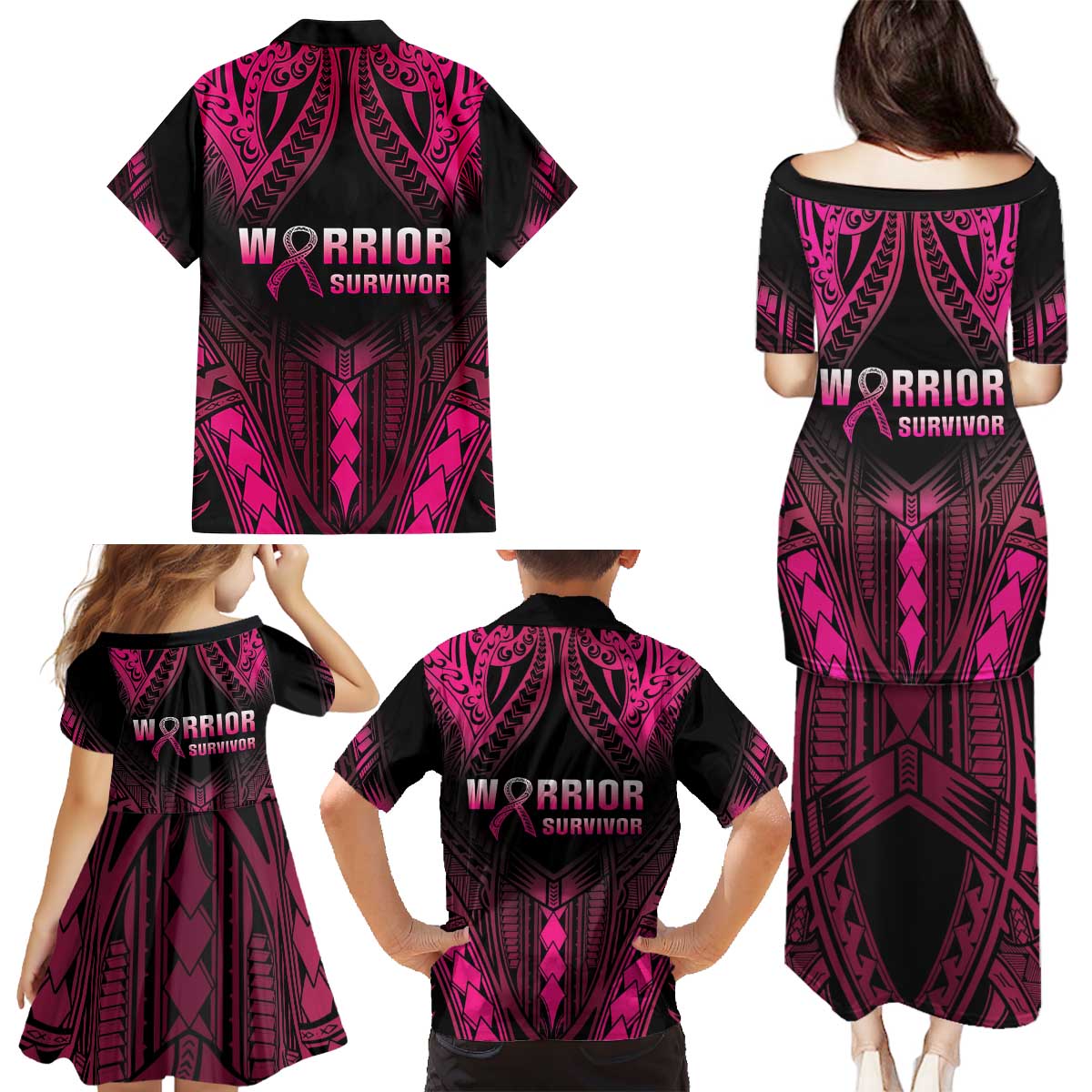 Breast Cancer Pink Out Family Matching Puletasi and Hawaiian Shirt Polynesian Art Tattoo Black Version LT05 - Polynesian Pride