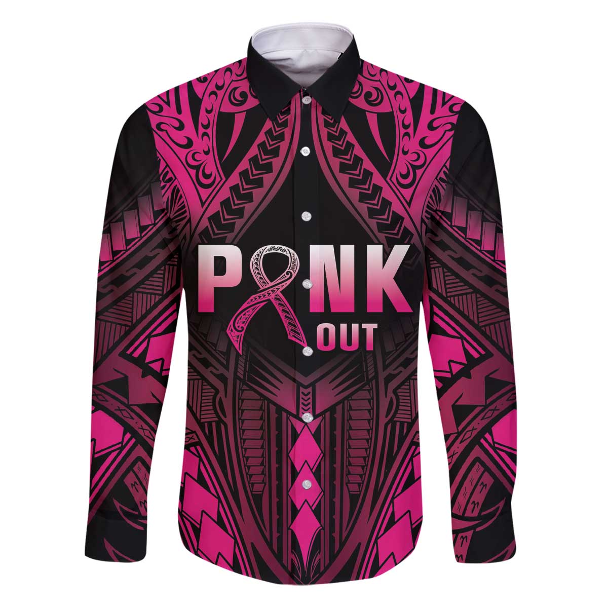Breast Cancer Pink Out Family Matching Puletasi and Hawaiian Shirt Polynesian Art Tattoo Black Version LT05 Dad's Shirt - Long Sleeve Black - Polynesian Pride