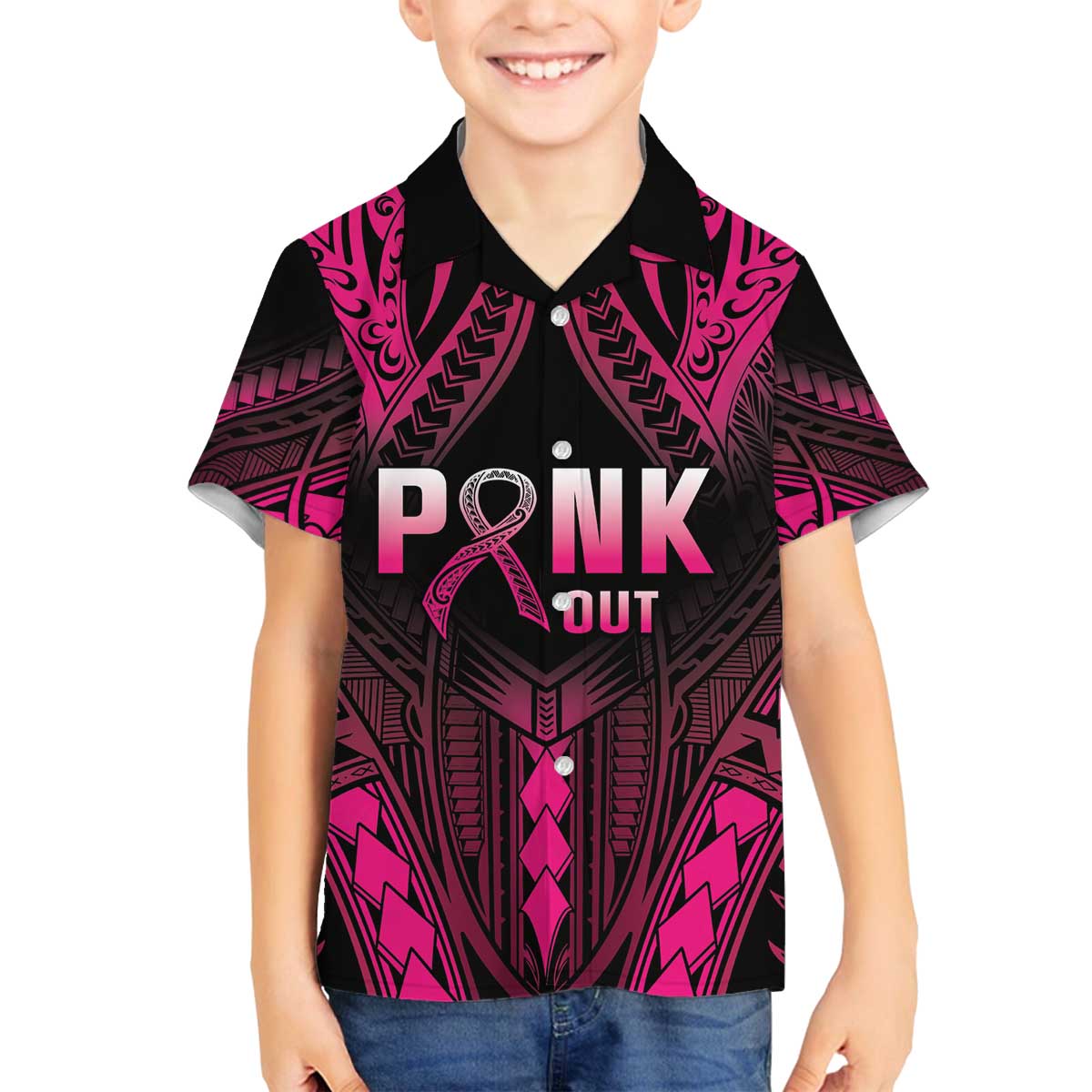 Breast Cancer Pink Out Family Matching Puletasi and Hawaiian Shirt Polynesian Art Tattoo Black Version LT05 Son's Shirt Black - Polynesian Pride