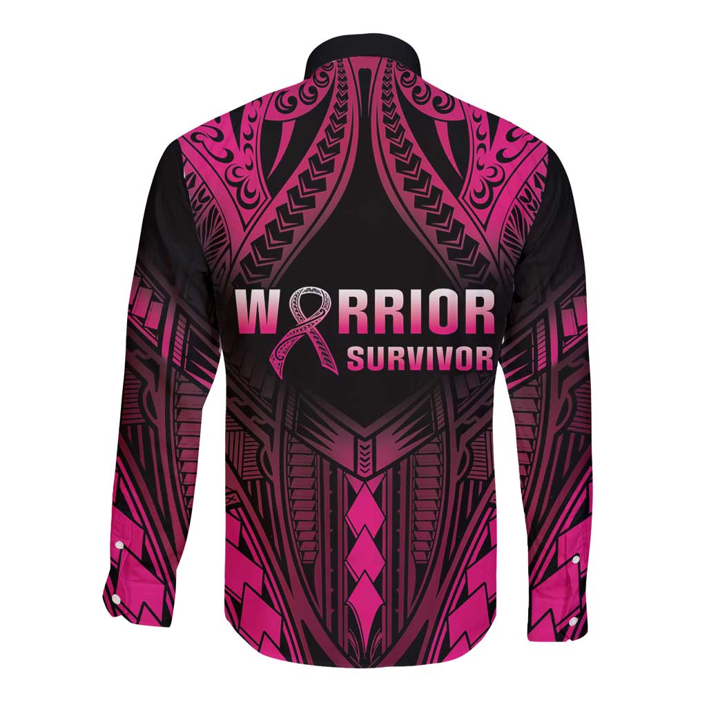 Breast Cancer Pink Out Long Sleeve Button Shirt Polynesian Art Tattoo Black Version