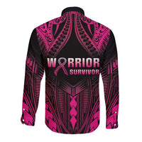 Breast Cancer Pink Out Long Sleeve Button Shirt Polynesian Art Tattoo Black Version
