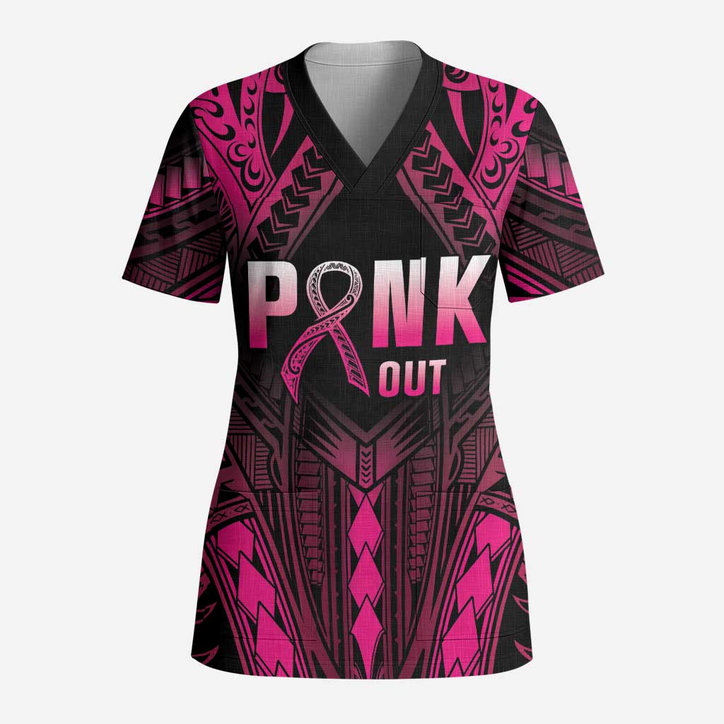 Breast Cancer Pink Out Scrub Top Polynesian Art Tattoo Black Version - Polynesian Pride