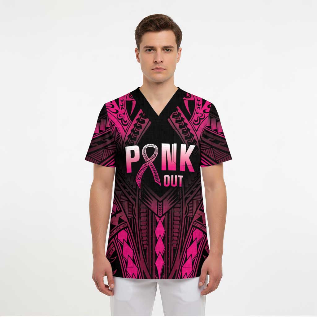 Breast Cancer Pink Out Scrub Top Polynesian Art Tattoo Black Version - Polynesian Pride