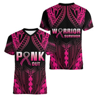 Breast Cancer Pink Out Women V-Neck T-Shirt Polynesian Art Tattoo Black Version