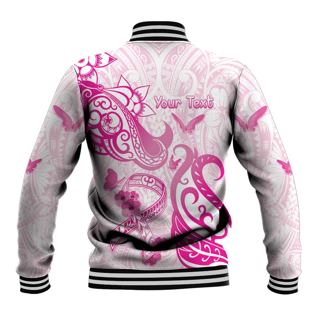 Personalised Breast Cancer Awareness Baseball Jacket Ribbon Polynesian Pattern White Version
