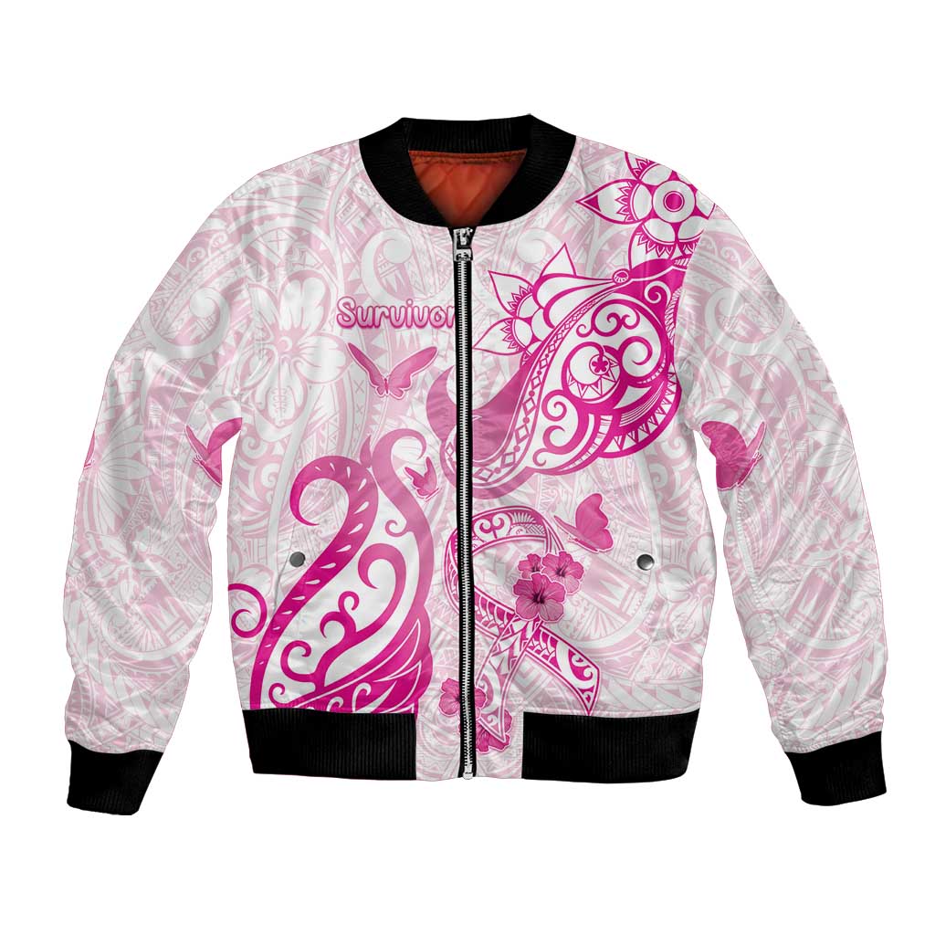 Personalised Breast Cancer Awareness Bomber Jacket Ribbon Polynesian Pattern White Version