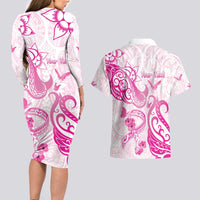 Personalised Breast Cancer Awareness Couples Matching Long Sleeve Bodycon Dress and Hawaiian Shirt Ribbon Polynesian Pattern White Version