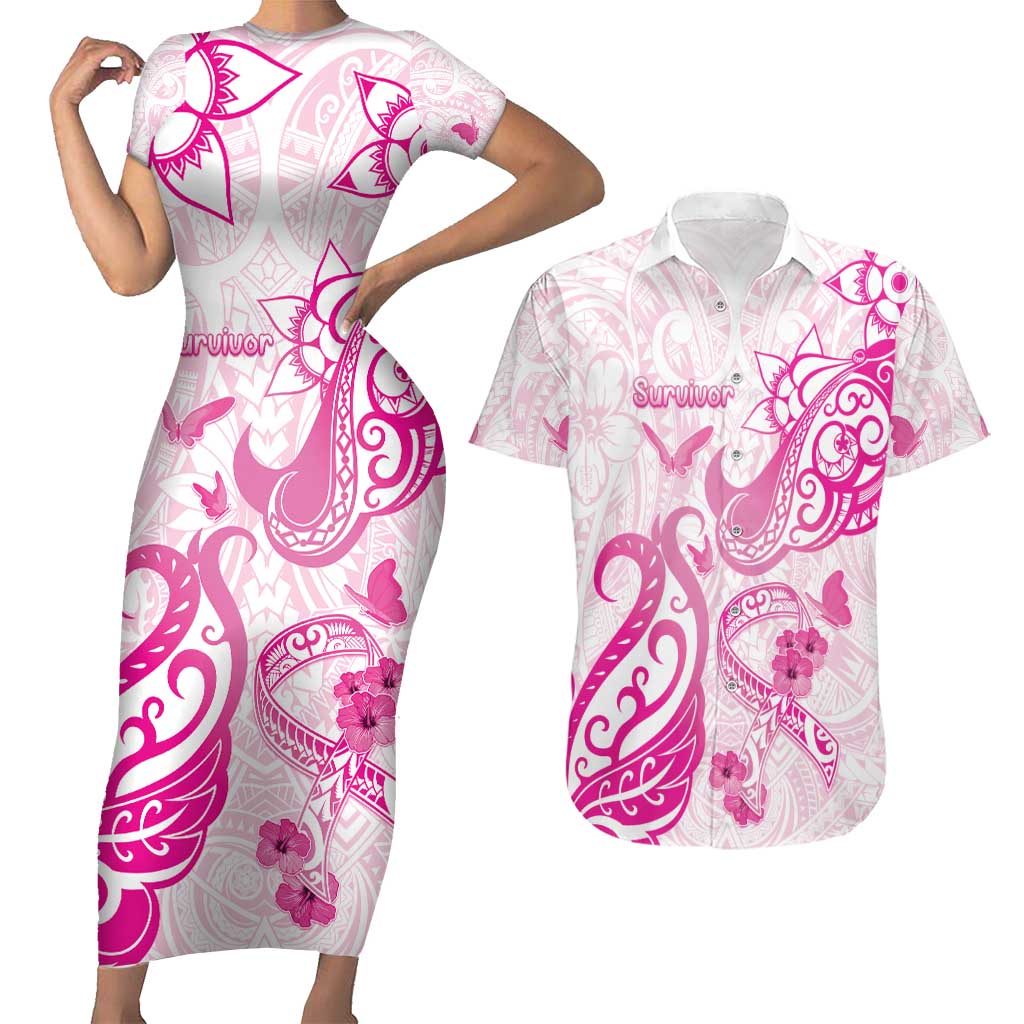 Personalised Breast Cancer Awareness Couples Matching Short Sleeve Bodycon Dress and Hawaiian Shirt Ribbon Polynesian Pattern White Version