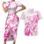 Personalised Breast Cancer Awareness Couples Matching Short Sleeve Bodycon Dress and Hawaiian Shirt Ribbon Polynesian Pattern White Version