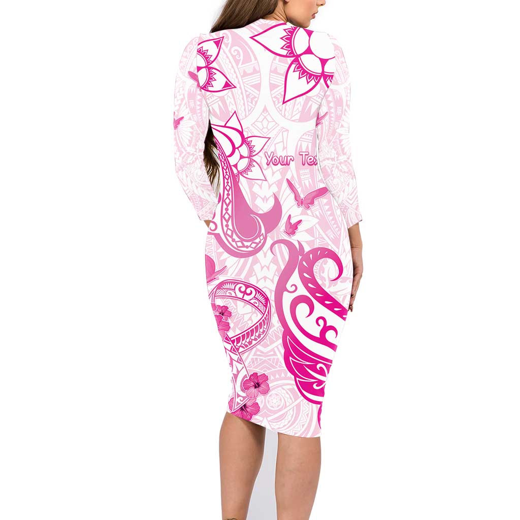 Personalised Breast Cancer Awareness Family Matching Long Sleeve Bodycon Dress and Hawaiian Shirt Ribbon Polynesian Pattern White Version