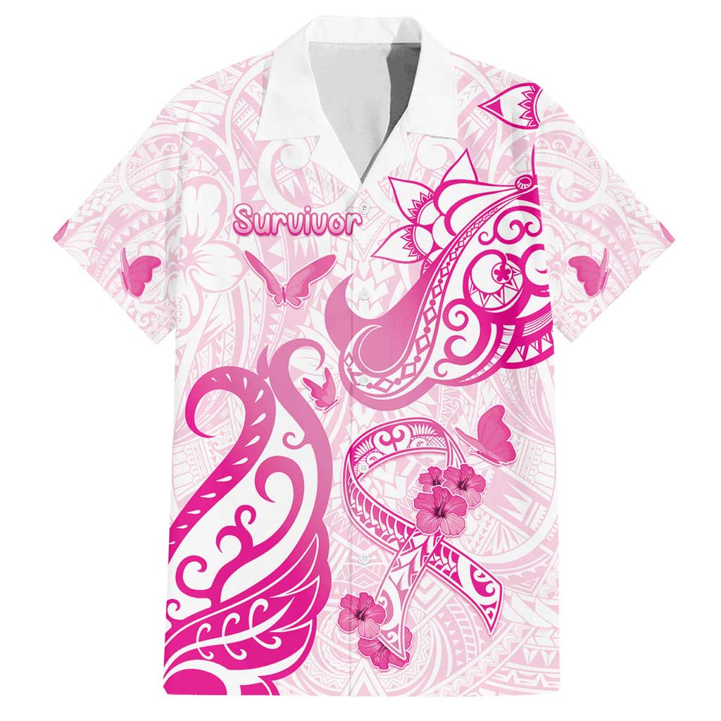 Personalised Breast Cancer Awareness Family Matching Off Shoulder Maxi Dress and Hawaiian Shirt Ribbon Polynesian Pattern White Version