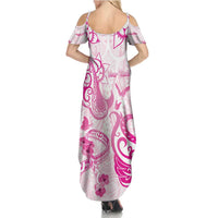 Personalised Breast Cancer Awareness Family Matching Summer Maxi Dress and Hawaiian Shirt Ribbon Polynesian Pattern White Version