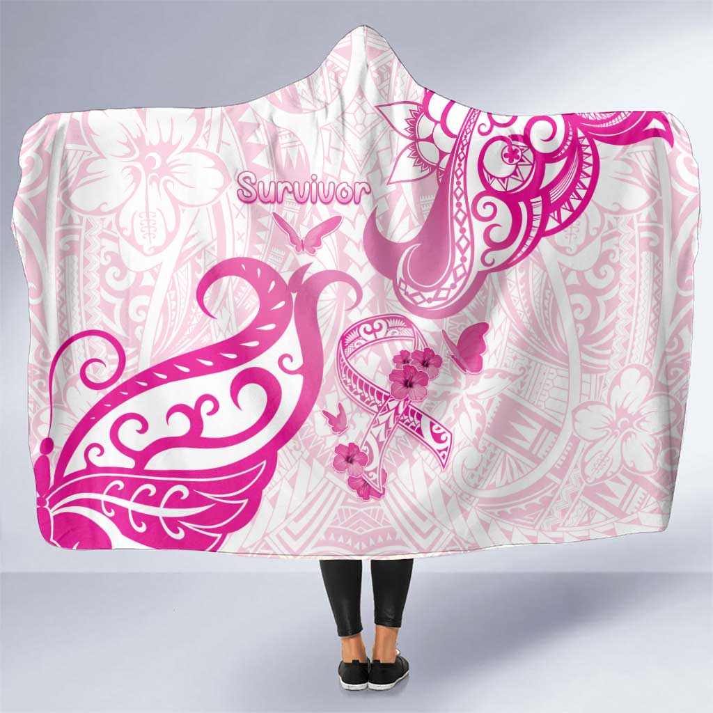 Breast Cancer Awareness Hooded Blanket Ribbon Polynesian Pattern White Version