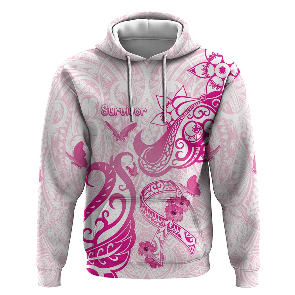 Personalised Breast Cancer Awareness Hoodie Ribbon Polynesian Pattern White Version