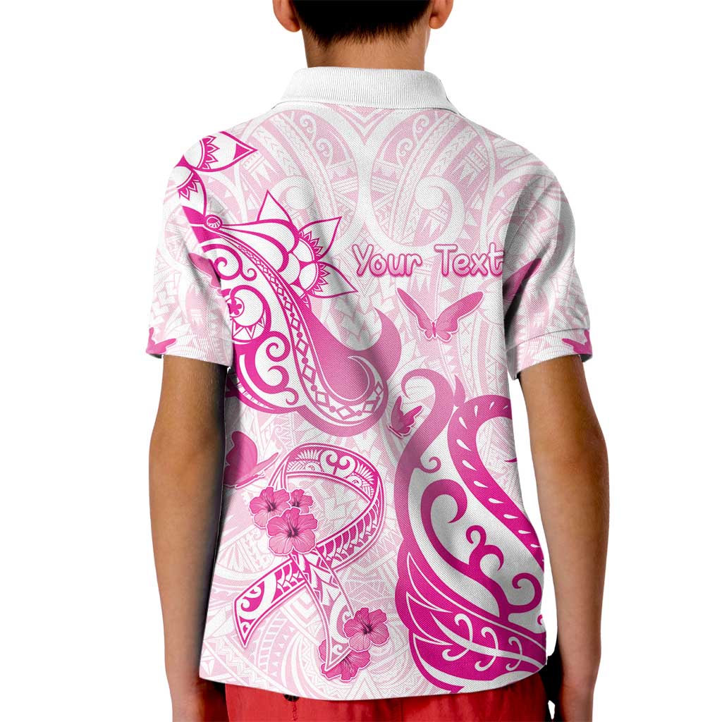 Personalised Breast Cancer Awareness Kid Polo Shirt Ribbon Polynesian Pattern White Version