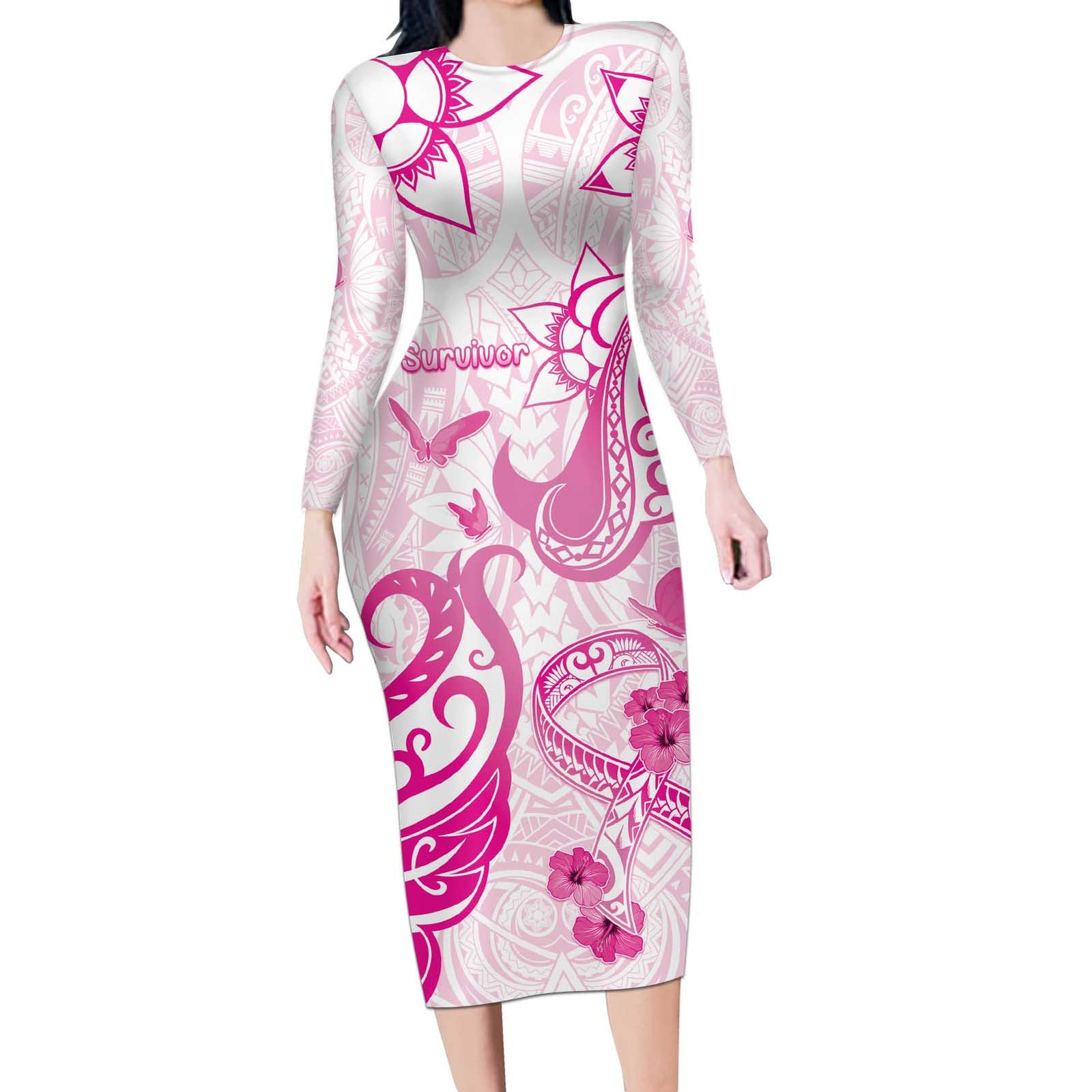 Personalised Breast Cancer Awareness Long Sleeve Bodycon Dress Ribbon Polynesian Pattern White Version