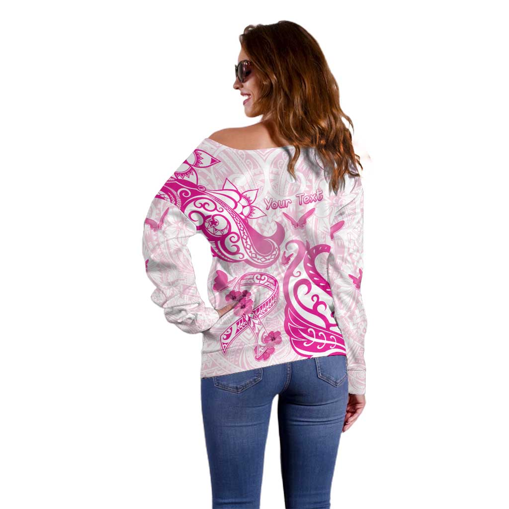 Personalised Breast Cancer Awareness Off Shoulder Sweater Ribbon Polynesian Pattern White Version