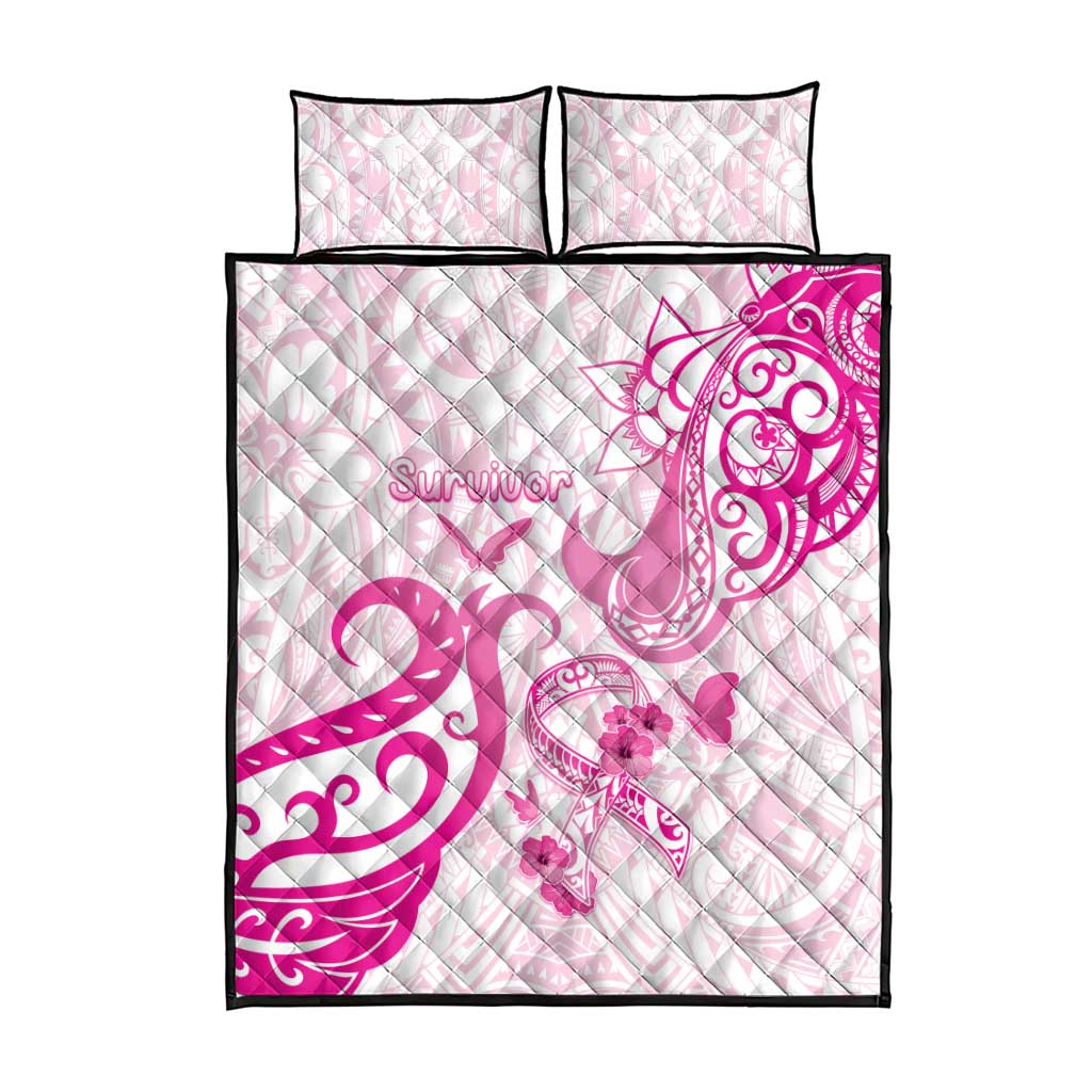 Breast Cancer Awareness Quilt Bed Set Ribbon Polynesian Pattern White Version
