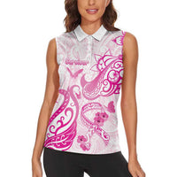 Personalised Breast Cancer Awareness Women Sleeveless Polo Shirt Ribbon Polynesian Pattern White Version