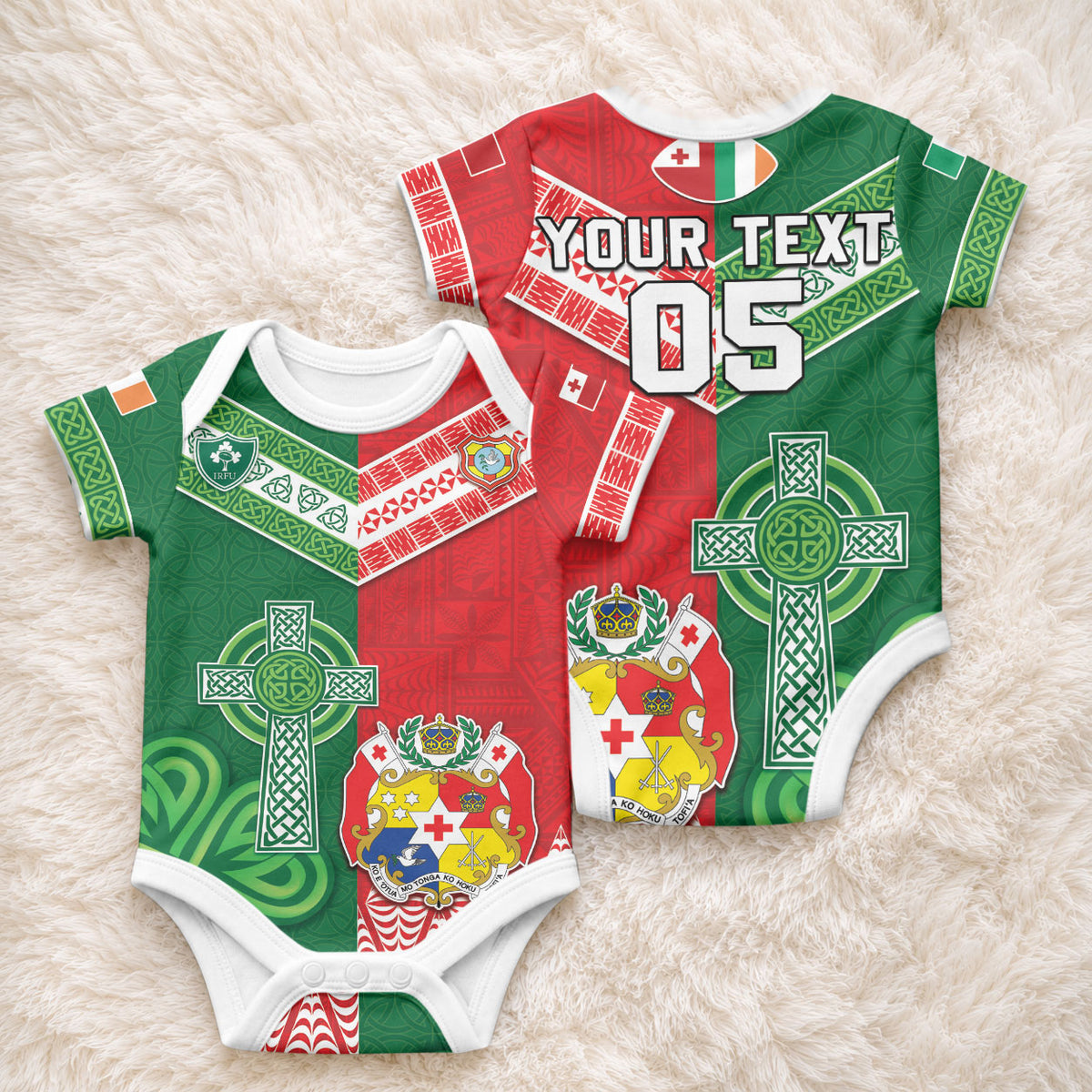 Tonga Ireland Rugby Custom Baby Onesie Ikale Tahi With Shamrocks Together