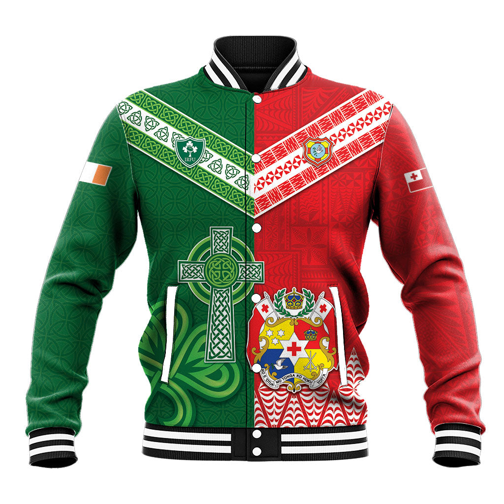 Tonga Ireland Rugby Custom Baseball Jacket Ikale Tahi With Shamrocks Together