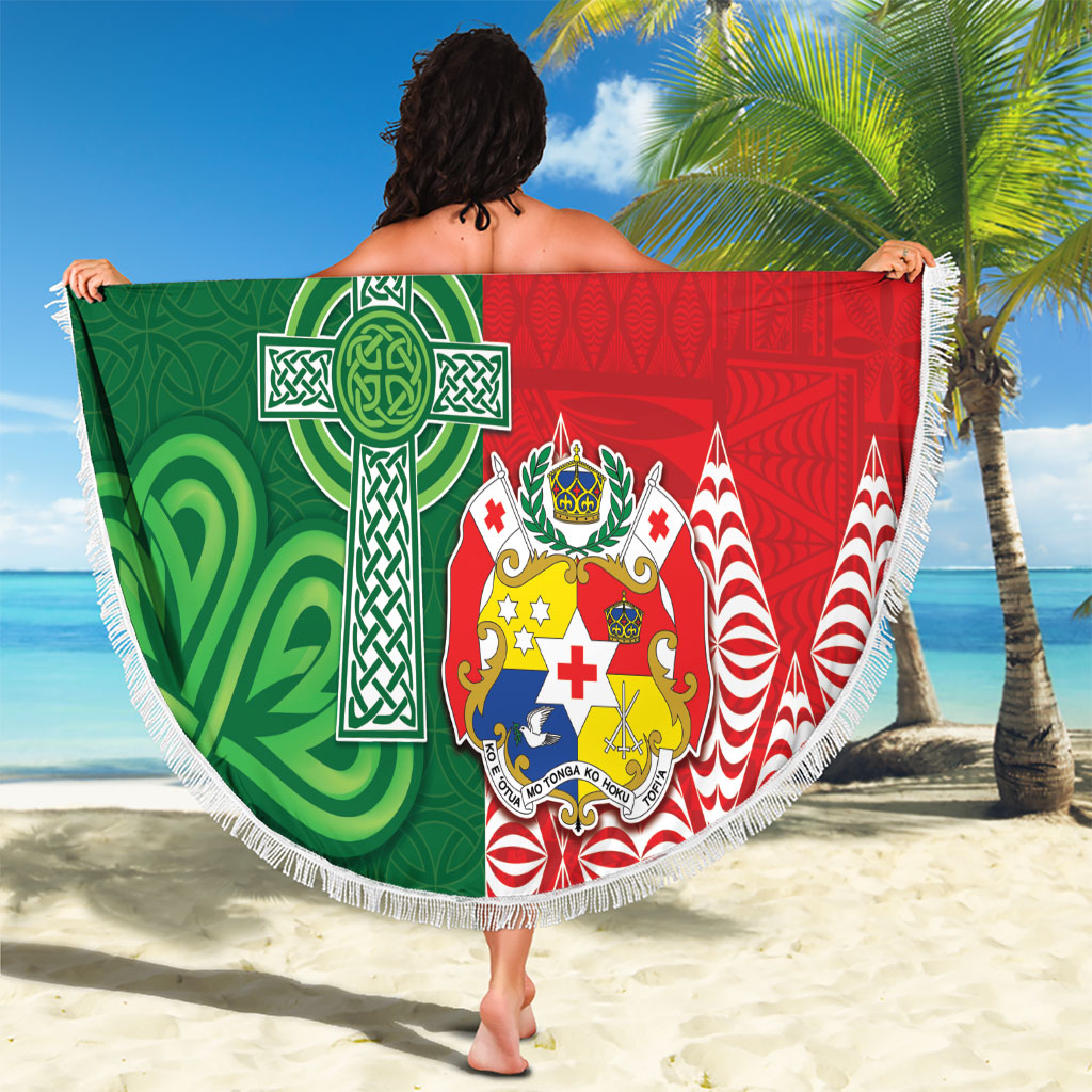 Tonga Ireland Rugby Custom Beach Blanket Ikale Tahi With Shamrocks Together