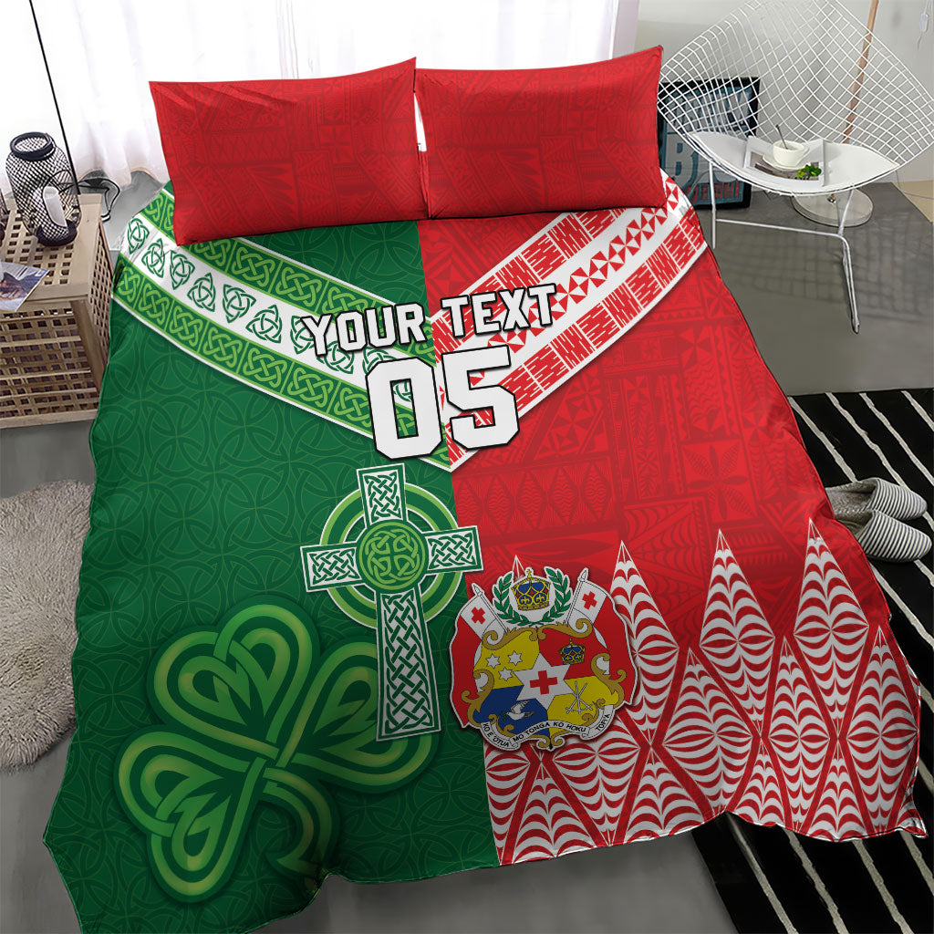 Tonga Ireland Rugby Custom Bedding Set Ikale Tahi With Shamrocks Together