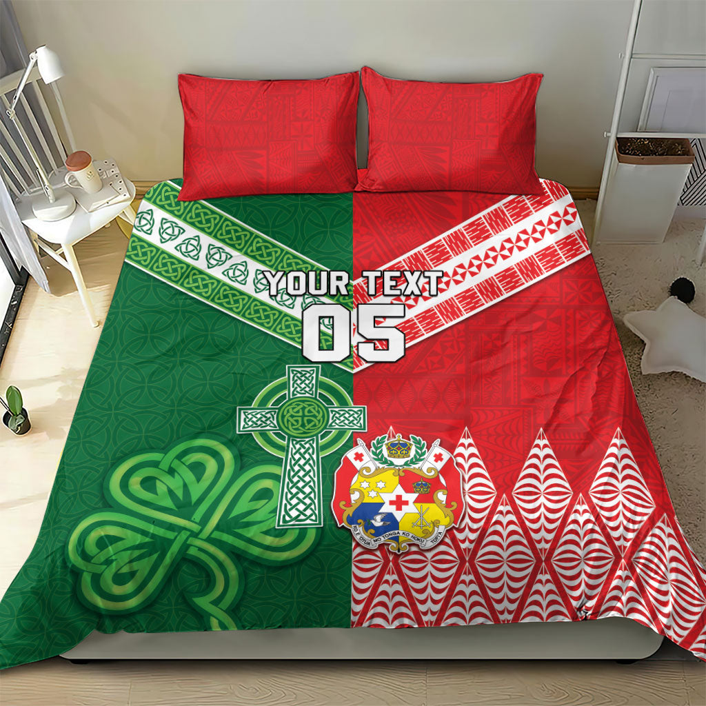 Tonga Ireland Rugby Custom Bedding Set Ikale Tahi With Shamrocks Together