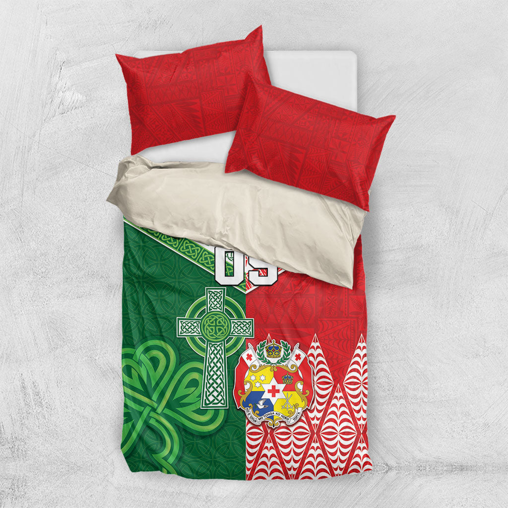 Tonga Ireland Rugby Custom Bedding Set Ikale Tahi With Shamrocks Together