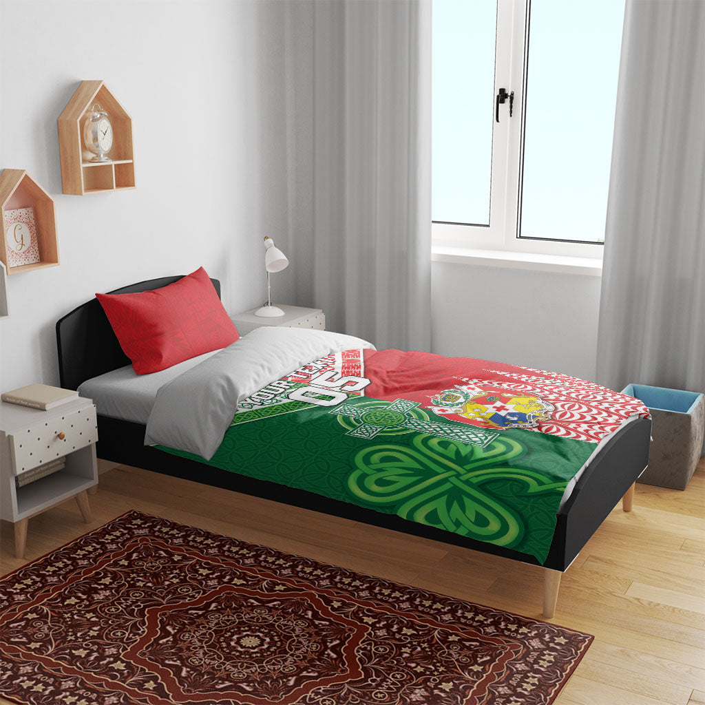 Tonga Ireland Rugby Custom Bedding Set Ikale Tahi With Shamrocks Together