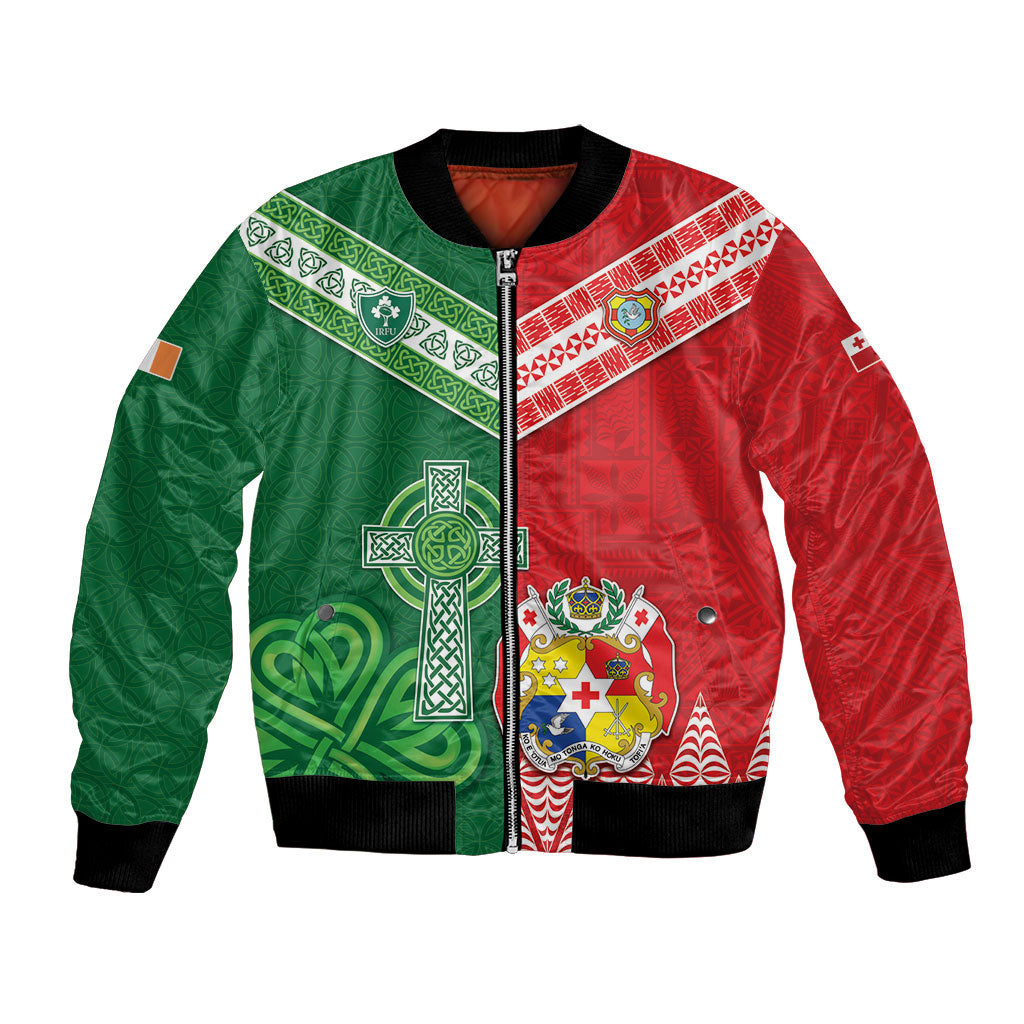 Tonga Ireland Rugby Custom Bomber Jacket Ikale Tahi With Shamrocks Together