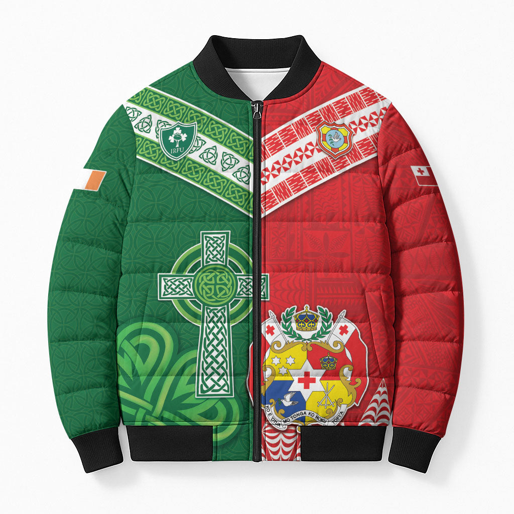 Tonga Ireland Rugby Custom Bomber Puffer Jacket Ikale Tahi With Shamrocks Together