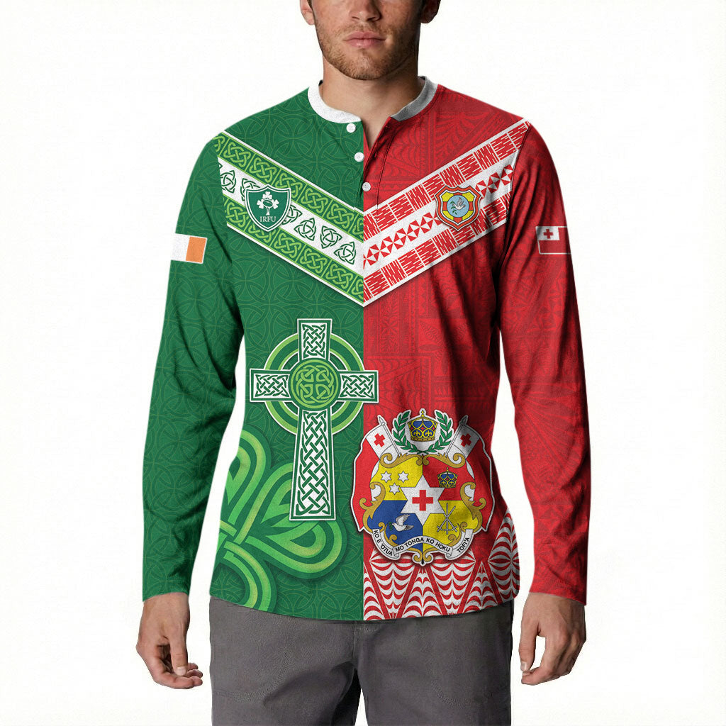 Tonga Ireland Rugby Custom Button Sweatshirt Ikale Tahi With Shamrocks Together
