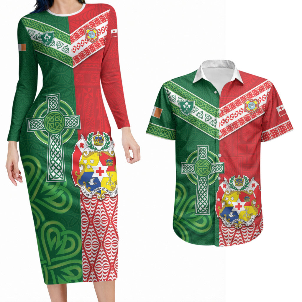 Tonga Ireland Rugby Custom Couples Matching Long Sleeve Bodycon Dress and Hawaiian Shirt Ikale Tahi With Shamrocks Together