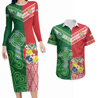 Tonga Ireland Rugby Custom Couples Matching Long Sleeve Bodycon Dress and Hawaiian Shirt Ikale Tahi With Shamrocks Together