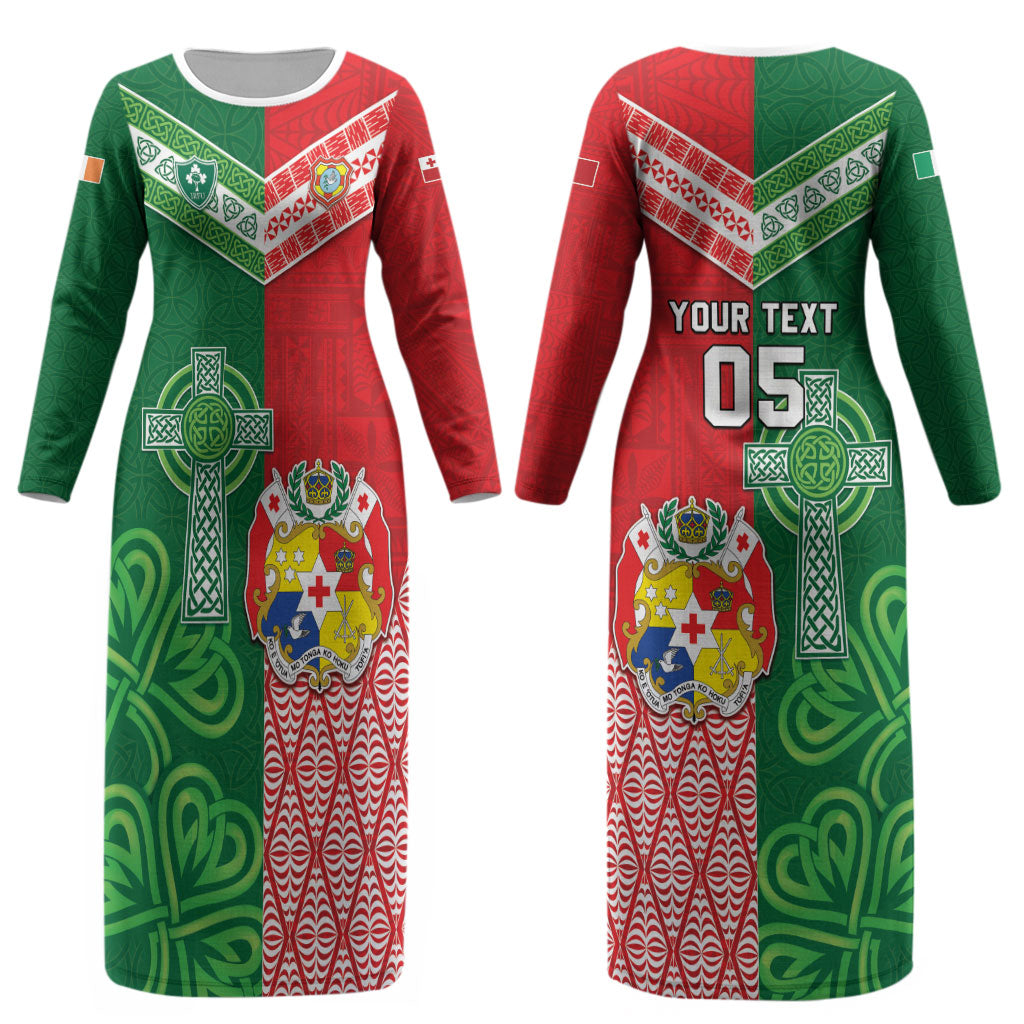 Tonga Ireland Rugby Custom Couples Matching Long Sleeve Bodycon Dress and Hawaiian Shirt Ikale Tahi With Shamrocks Together