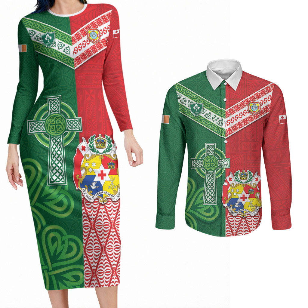 Tonga Ireland Rugby Custom Couples Matching Long Sleeve Bodycon Dress and Long Sleeve Button Shirt Ikale Tahi With Shamrocks Together