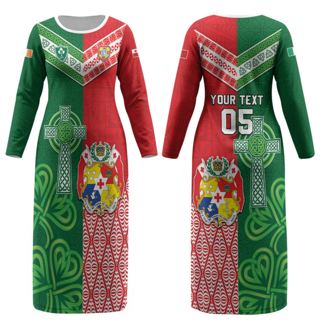 Tonga Ireland Rugby Custom Couples Matching Long Sleeve Bodycon Dress and Long Sleeve Button Shirt Ikale Tahi With Shamrocks Together