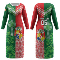 Tonga Ireland Rugby Custom Couples Matching Long Sleeve Bodycon Dress and Long Sleeve Button Shirt Ikale Tahi With Shamrocks Together