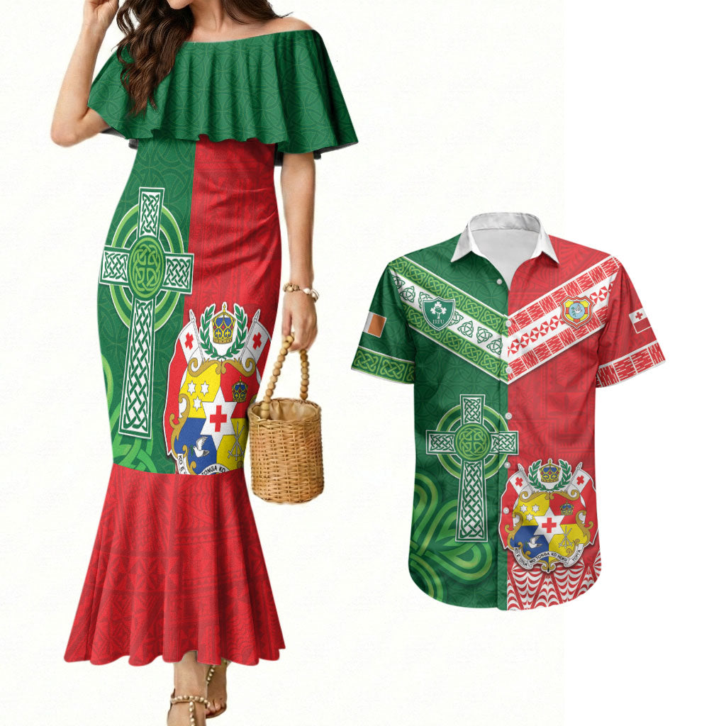 Tonga Ireland Rugby Custom Couples Matching Mermaid Dress and Hawaiian Shirt Ikale Tahi With Shamrocks Together