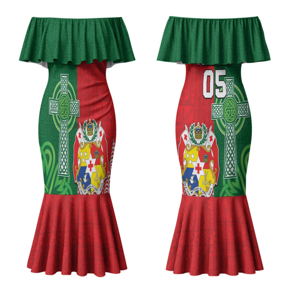 Tonga Ireland Rugby Custom Couples Matching Mermaid Dress and Long Sleeve Button Shirt Ikale Tahi With Shamrocks Together