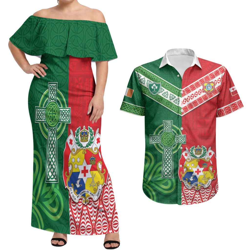 Tonga Ireland Rugby Custom Couples Matching Off Shoulder Maxi Dress and Hawaiian Shirt Ikale Tahi With Shamrocks Together