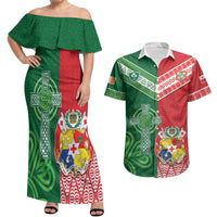 Tonga Ireland Rugby Custom Couples Matching Off Shoulder Maxi Dress and Hawaiian Shirt Ikale Tahi With Shamrocks Together