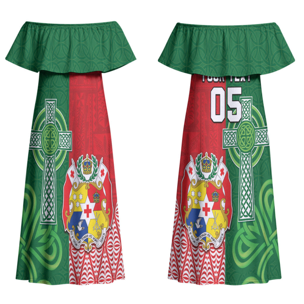Tonga Ireland Rugby Custom Couples Matching Off Shoulder Maxi Dress and Hawaiian Shirt Ikale Tahi With Shamrocks Together